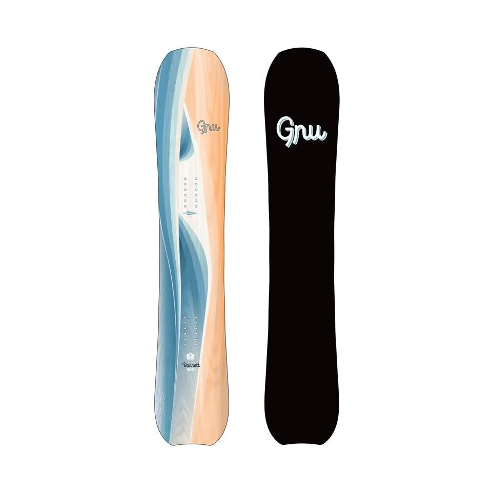 The 2025 GNU Barret womens snowboard in light blue and brown.