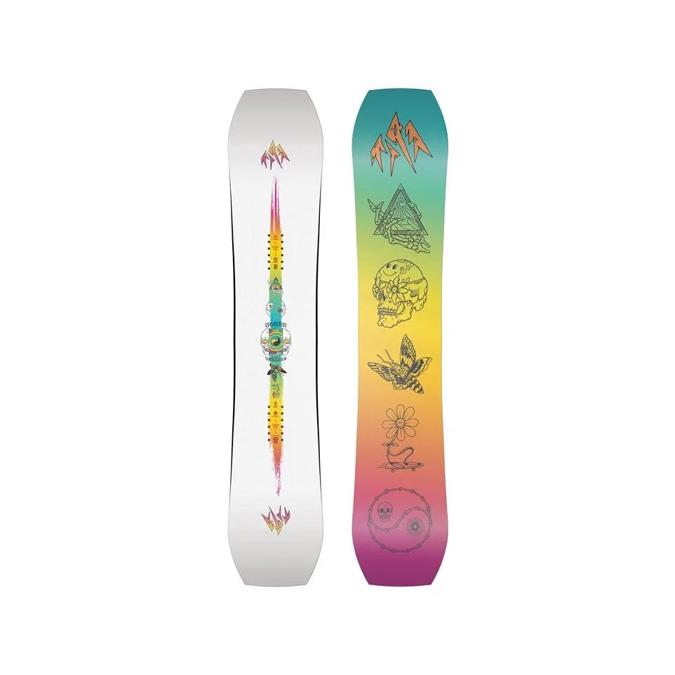 The 2025 Jones Tweaker womens snowboard in white and rainbow gradient.