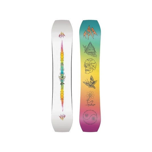 The 2025 Jones Tweaker womens snowboard in white and rainbow gradient.