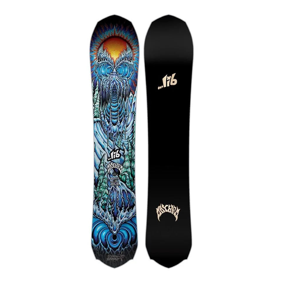 The Lib Tech Mayhem Rocket Snowboard 2025 in a black and psychodelia style.
