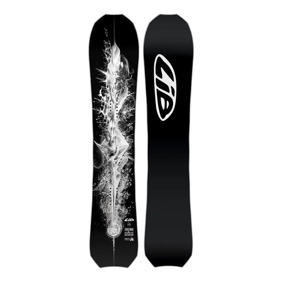 The Lib Tech orca snowboard 2025 in white and black.