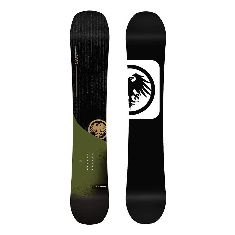 The 2025 Never Summer Men's Cougar Snowboard in green and black.