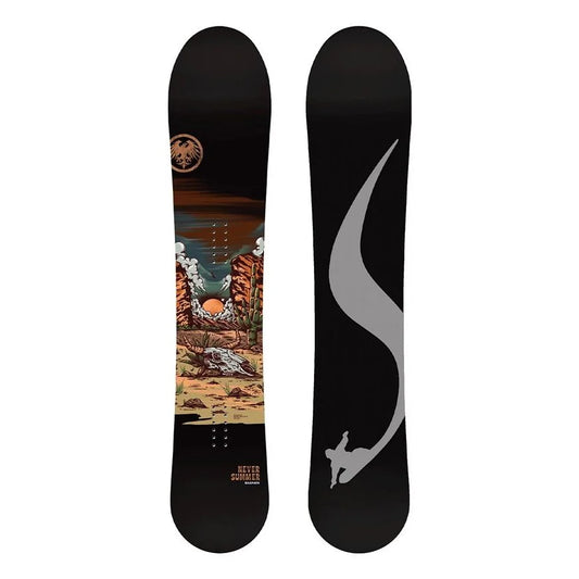 The 2025 Never Summer Hapoon Snowboard in black and brown.