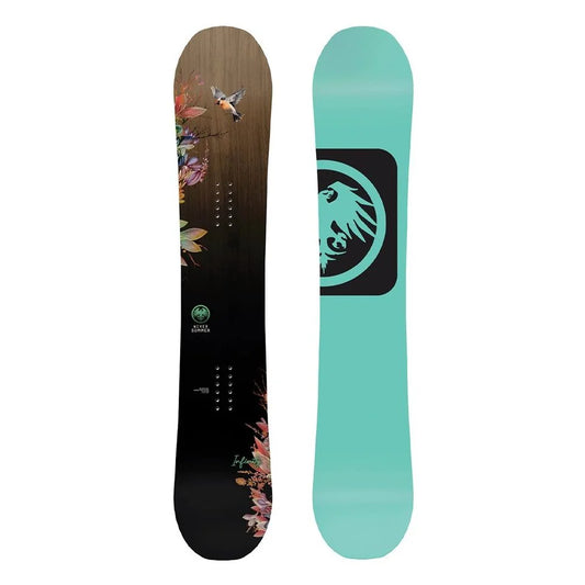The 2025 never summer infinity womens snowboard in brown with a light blue base.
