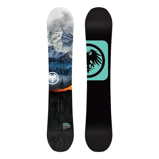 The 2025 Never Summer Snow Trooper Snowboard in black, blue and orange.