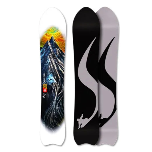 The never summer swift snowboard in multicolour, as well as blocked white, black and grey.