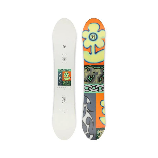 The 2025 Ride Saturday womens snowboard  in white with a patterned base.
