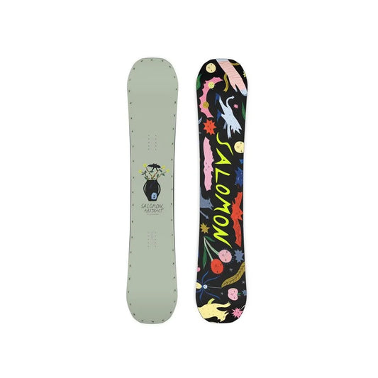 The 2025 Salomon Abstract womens snowboard, with a grey topsheet and a patterned base.