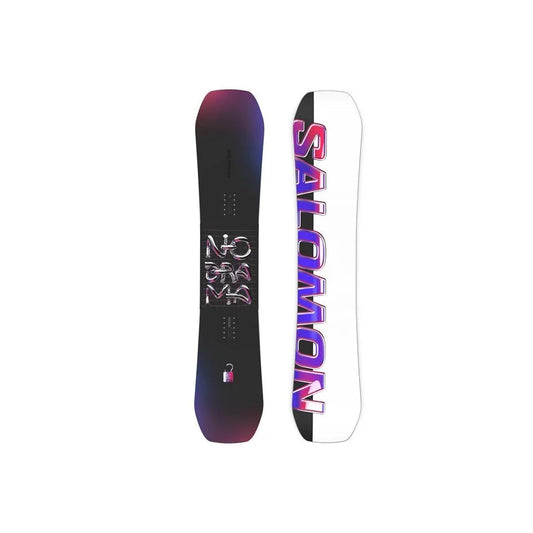 The 2025 Salomon No Drama women's snowboard in black with a purple gradient.