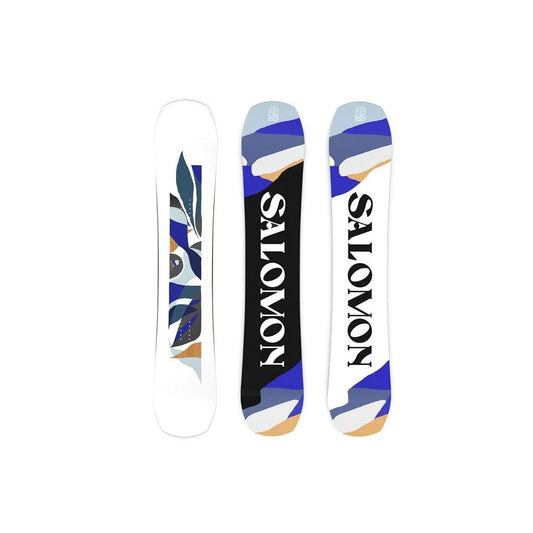 The 2025 Salomon Rumble Fish womens snowboard in white with a plantlike pattern on the topsheet.