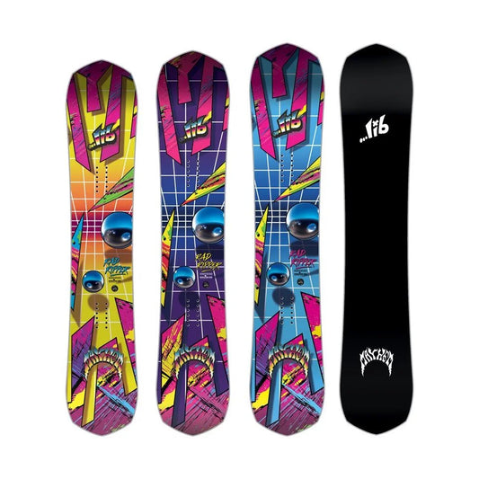 The Lib Tech Mayhem Rad Ripper Snowboard 2025 with options in yellow, purple and blue.