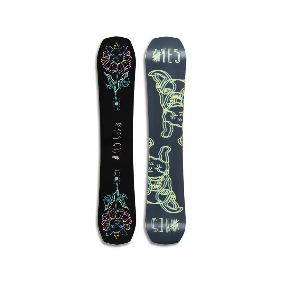 The Yes Rival Womens Snowboard 2025 in black with pastel highlights.