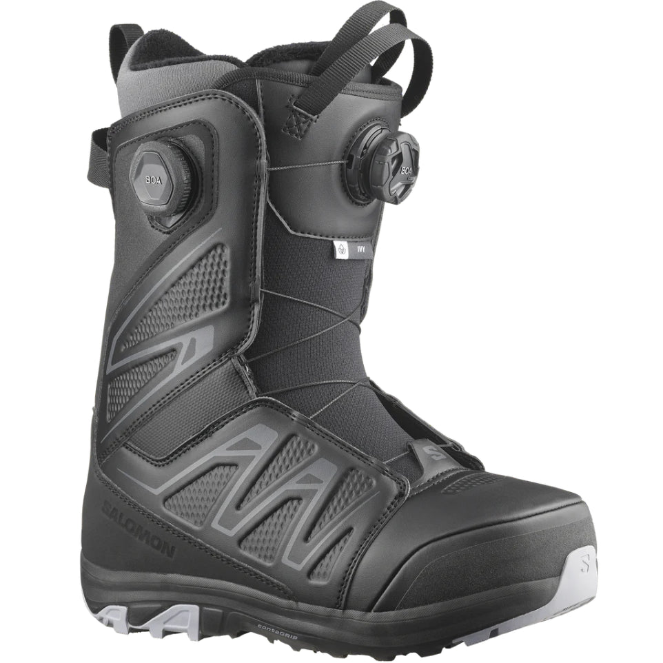The Salomon Ivy Boa SJ Boa Women's Snowboard Boots 2025 in Black/Black/Lilac Gray