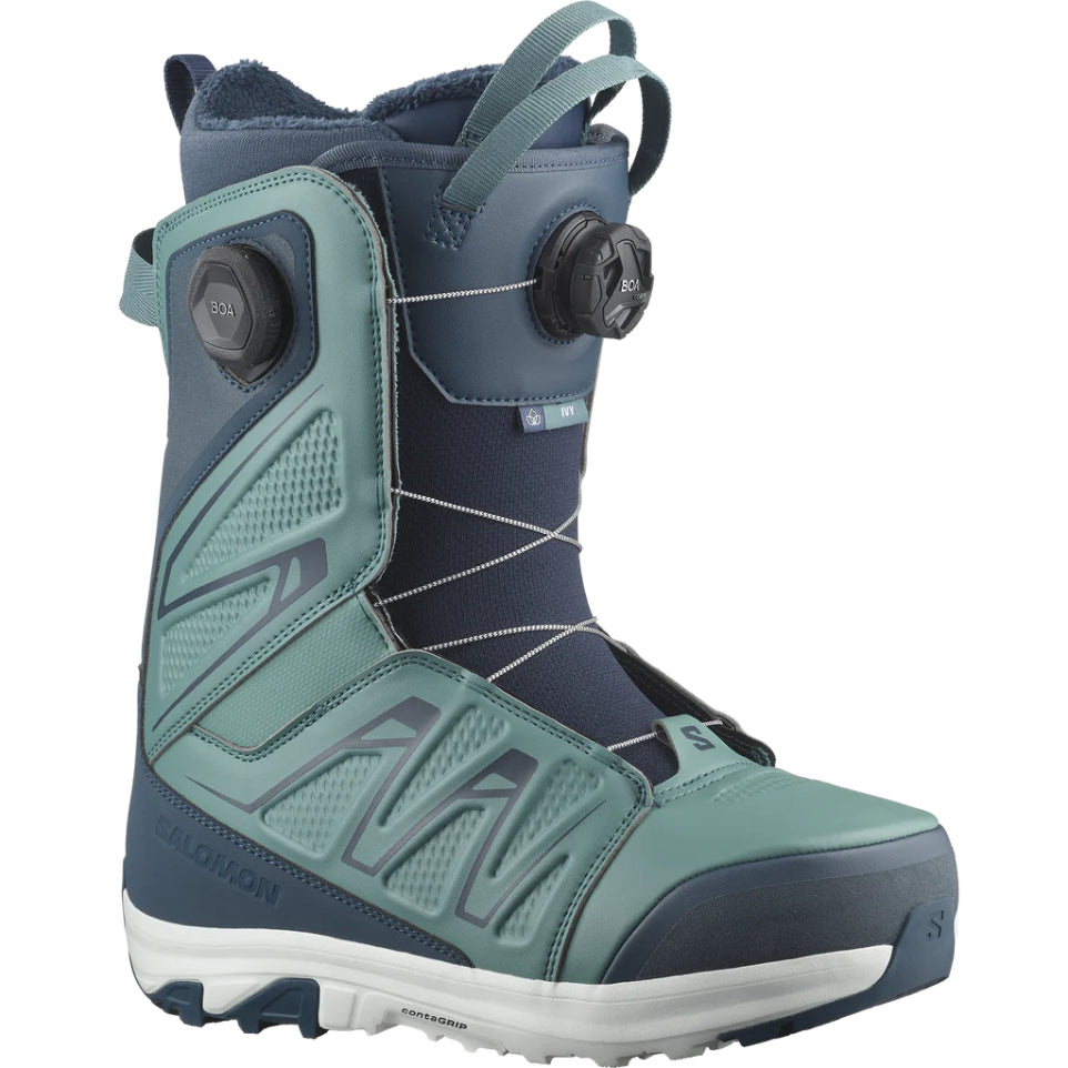 The Salomon Ivy Boa SJ Boa Women's Snowboard Boots 2025 in Sagebrush Green/Midnight Navy/White