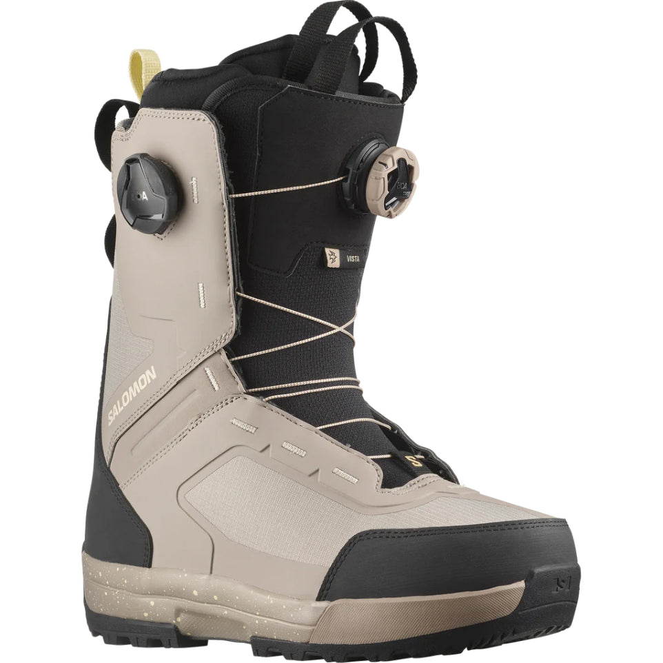 The Salomon Vista Dual Boa Women's Snowboard Boots 2025 in Vintage Khaki/Black/ender Yellow
