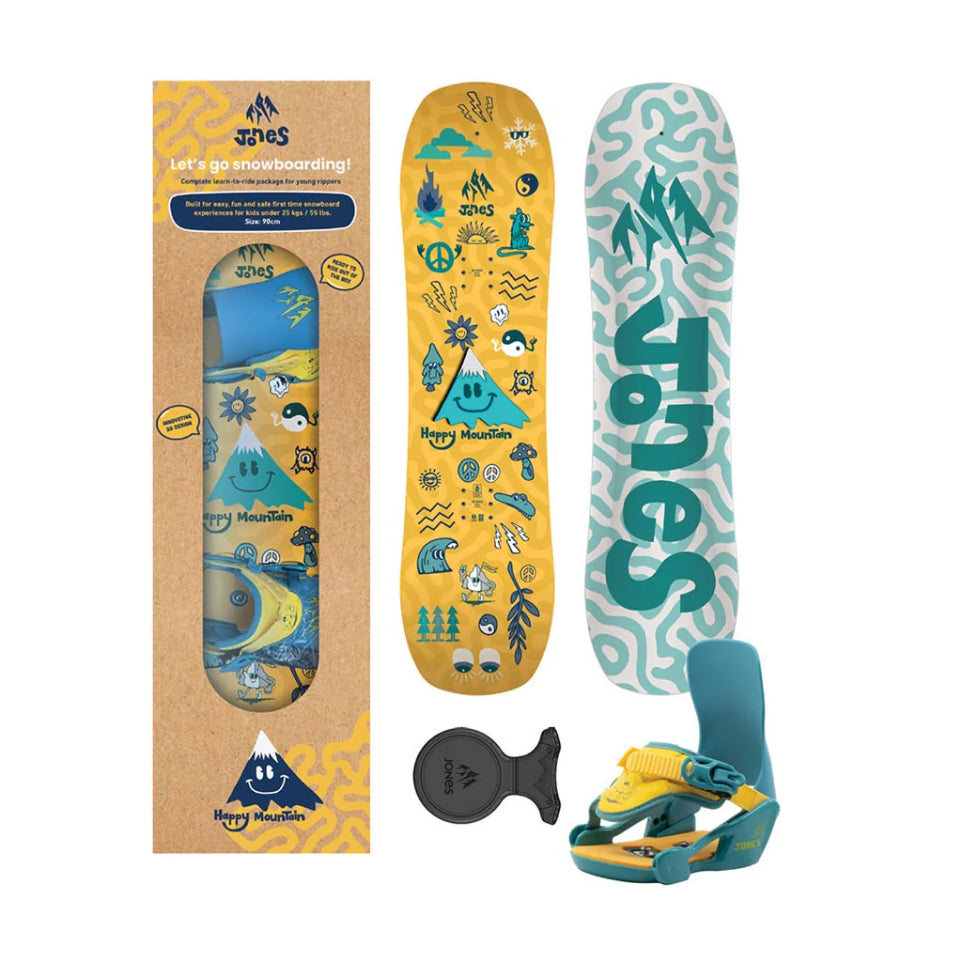 The 2026 Jones Happy Mountain set Kid's Snowboard in yellow