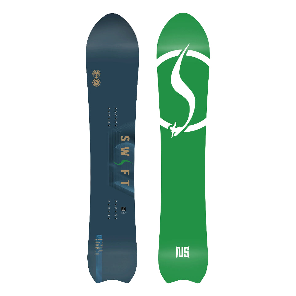 The 2026 Never Summer Swift Men's Snowboard in blue