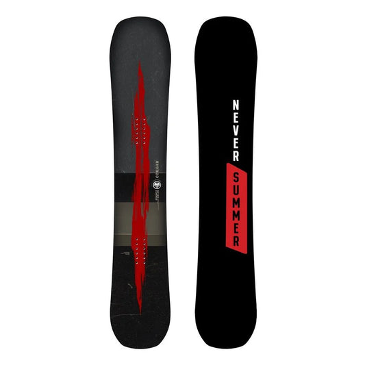 The 2024 Never Summer Cougar Men's Snowboard in black and red