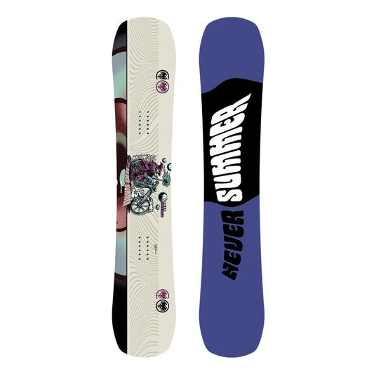 The 2024 Never Summer Proto Slinger Men's Snowboard in white and purple.