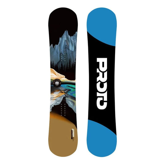 The 2024 Never Summer Proto Synthesis Men's Snowboard in blue, black and brown.