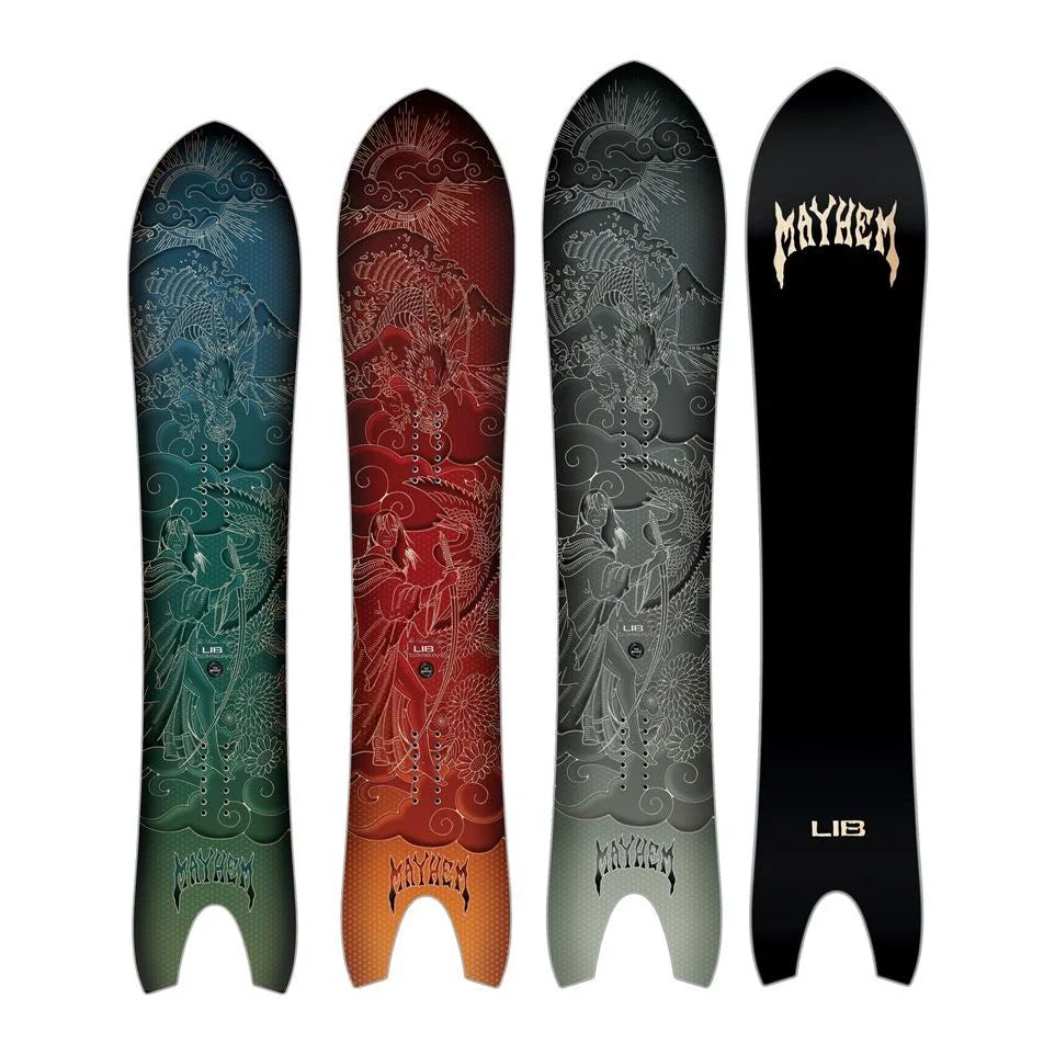 The Lib Tech mayhem retro ripper snowboard 2025 in its 3 colour ways blue, red and grey.