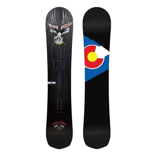 The 2025 Never Summer Shape Shifter Snowboard in black and grey.