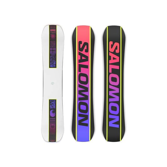 The Salomon Huck Knife Snowboard 2025 in white with purple and pink accents.