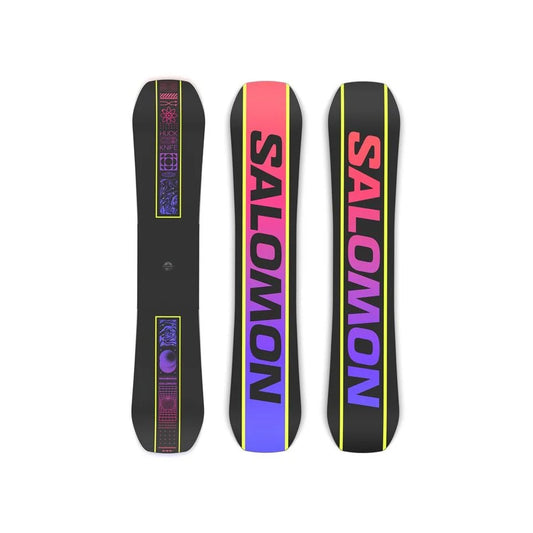 The Salomon Huck Knife Pro snowboard 2025 in black with purple and pink accents.