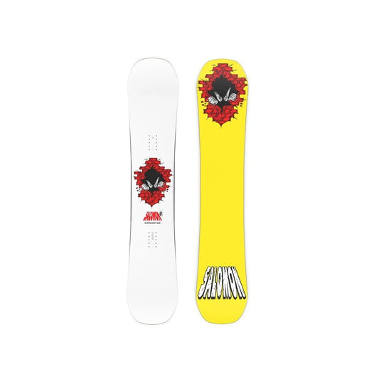 The Salomon Sleepwalker Snowboard 2025 in white with red bricks and a yellow base.