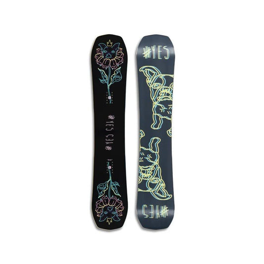 The Yes Rival Womens Snowboard 2025 in black with pastel highlights.