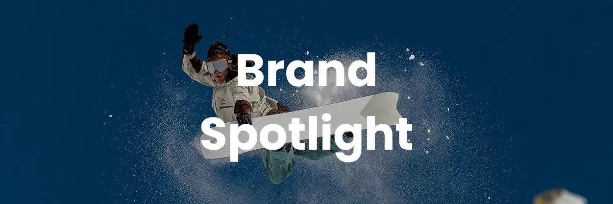 Person snowboarding with 'Brand Spotlight' text overlay on a dark blue background