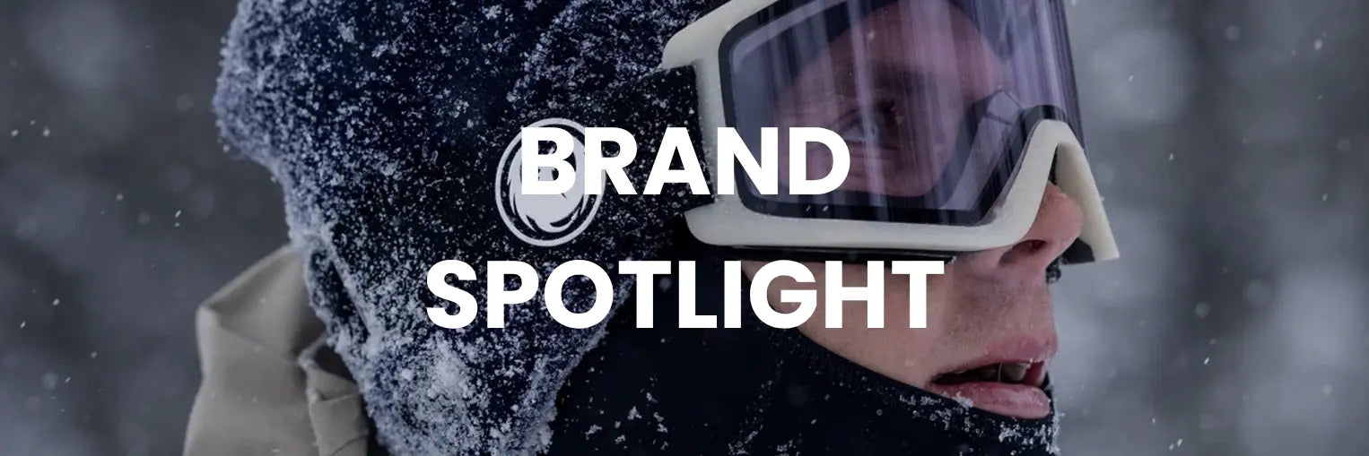 Person wearing snow goggles with a brand spotlight text overlay