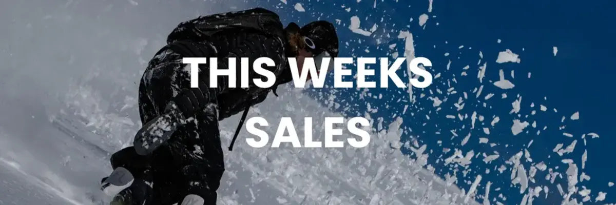 Person snowboarding with 'This Weeks Sales' text overlay on a snowy background