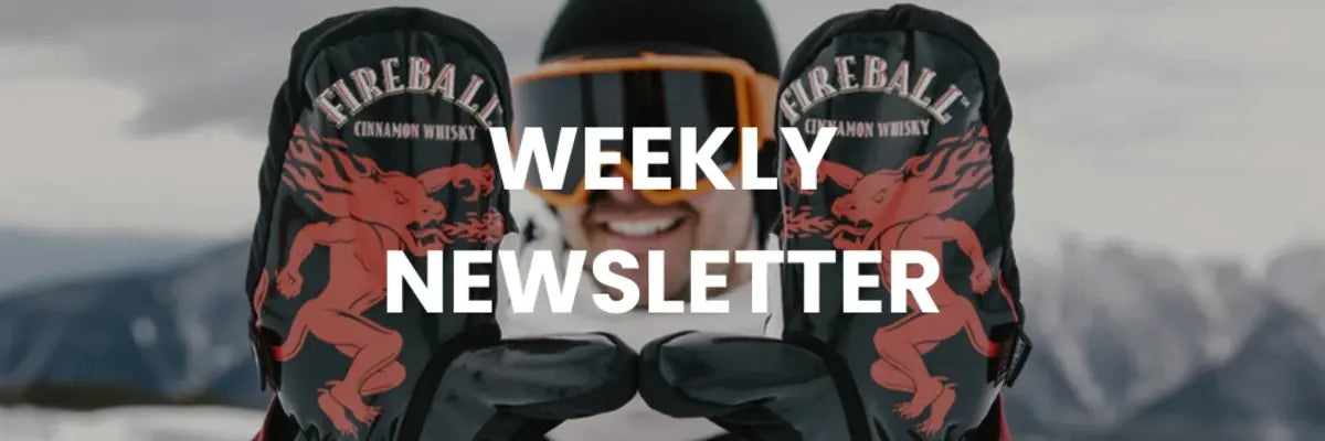 Person wearing black gloves with red dragon design and 'Fireball' branding, holding a helmet with text overlay for a weekly newsletter.