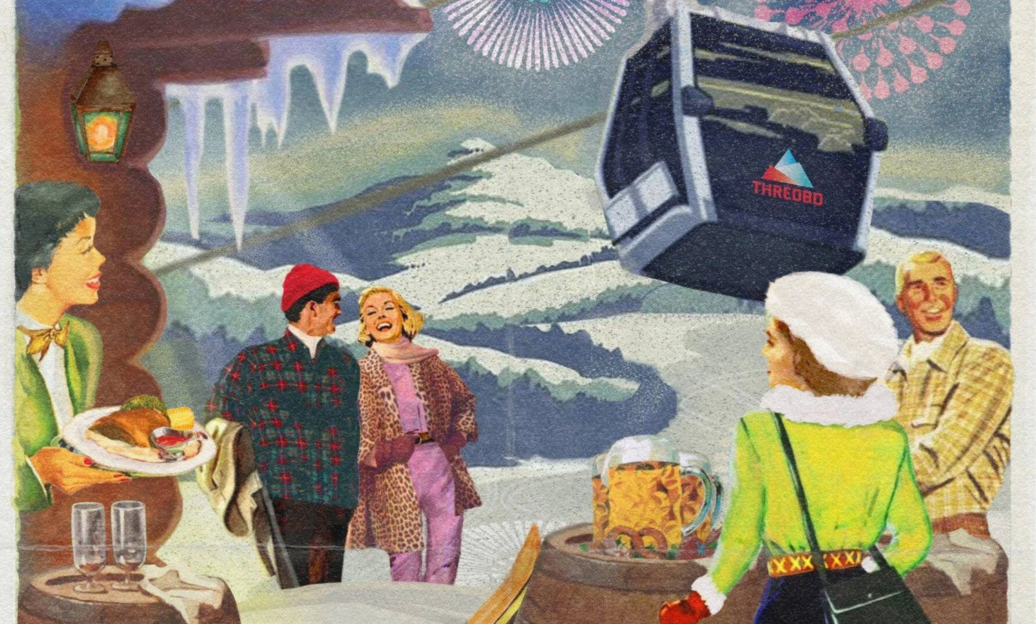 Vintage-style illustration of a ski resort scene with people and a gondola lift.