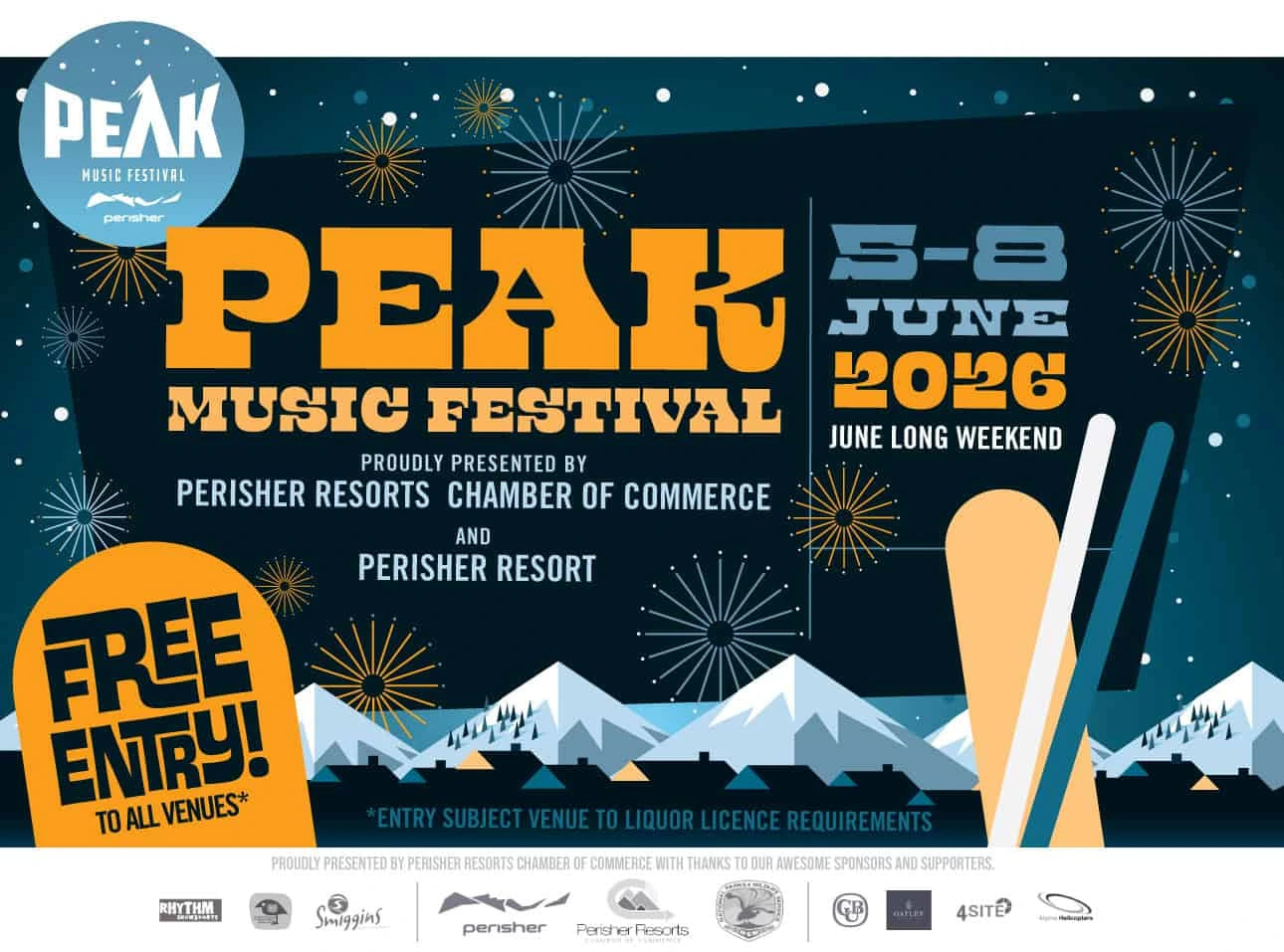 Promotional poster for Peak Music Festival with event details and mountain landscape.