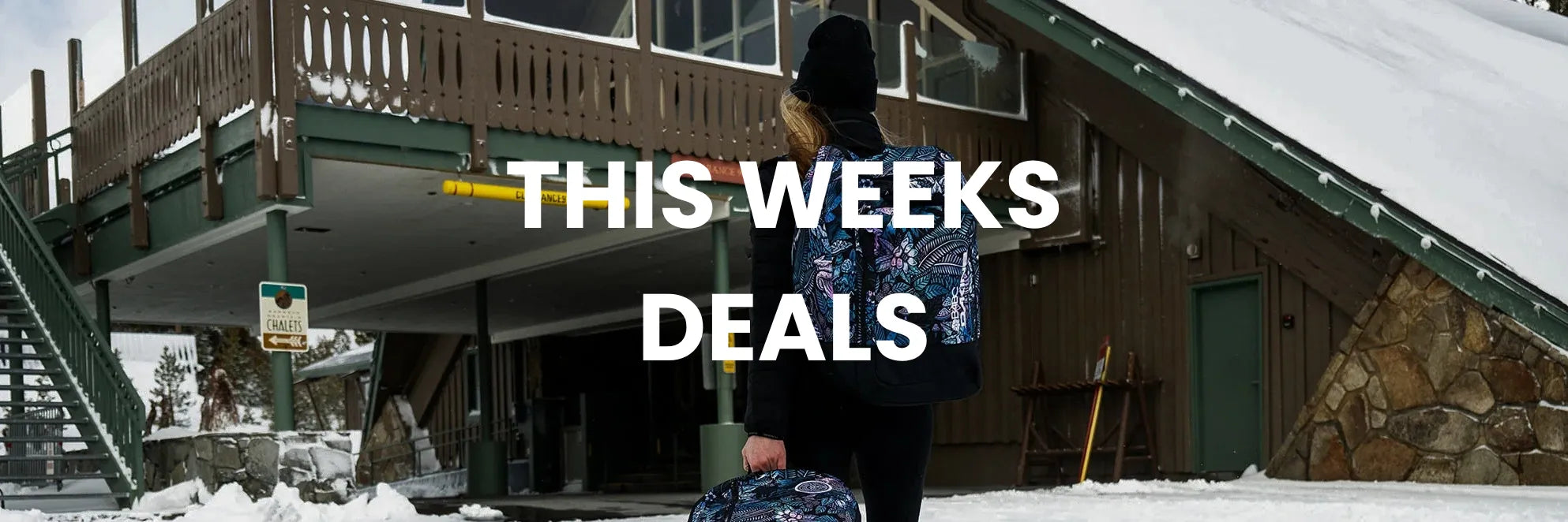Person with a backpack standing in front of a building with 'This Weeks Deals' text overlay.