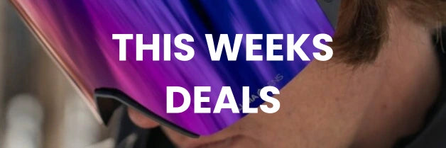 Person wearing goggles with 'This Weeks Deals' text overlay on a blurred background