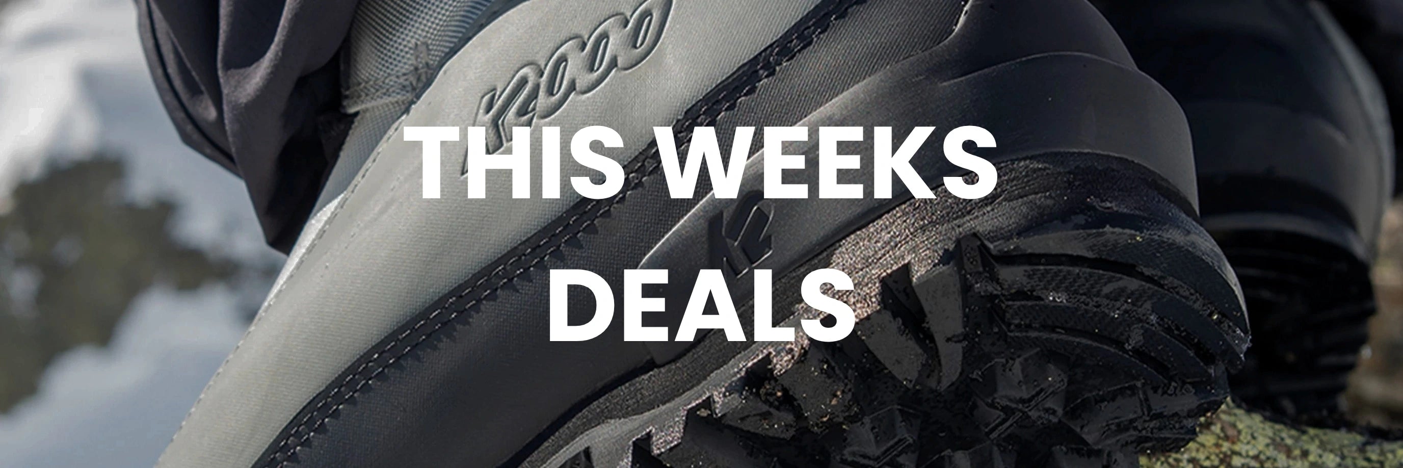 Close-up of a hiking shoe with 'This Week's Deals' text overlay