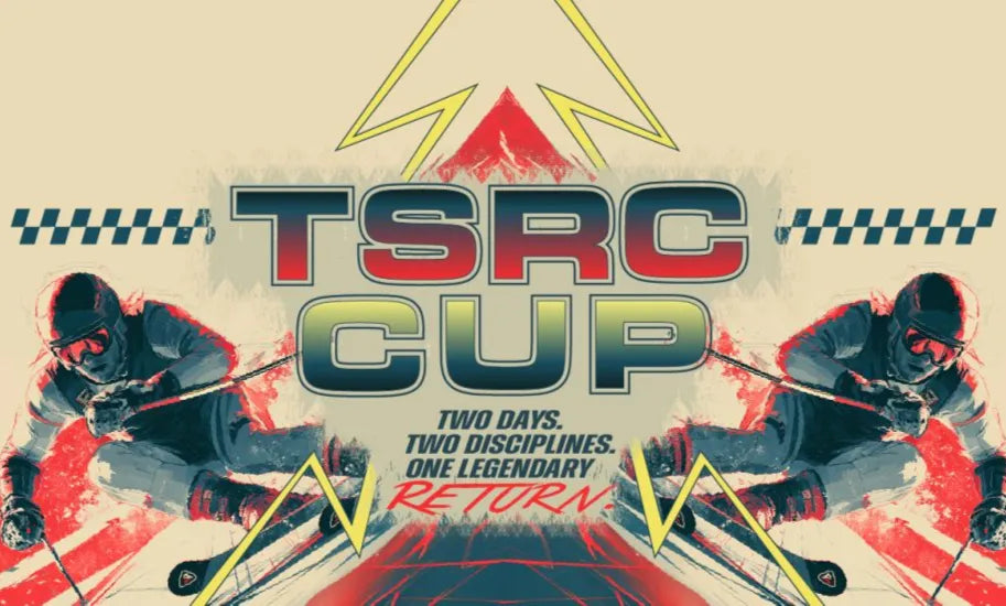 Promotional poster for TSRC Cup with skiers and event details.