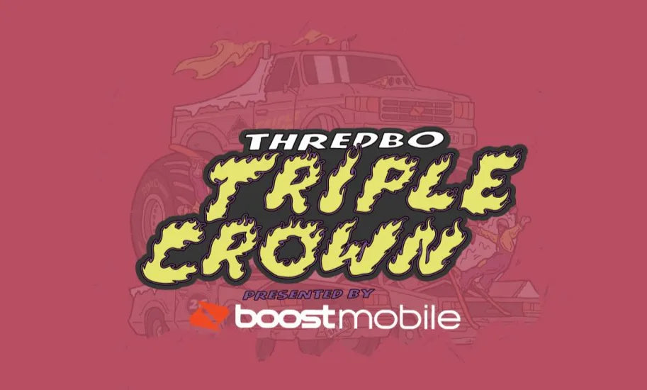Promotional graphic for Thredbo Triple Crown event with truck illustration on red background