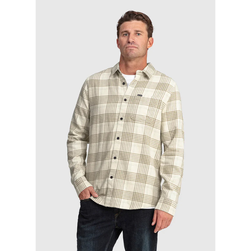 The Volcom Caden Plaid Long Sleeve Shirt 2023 in Dirty White 1