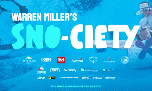 Promotional graphic for 'Warren Miller's Sno-Ciety' with event branding and sponsors on a blue background.