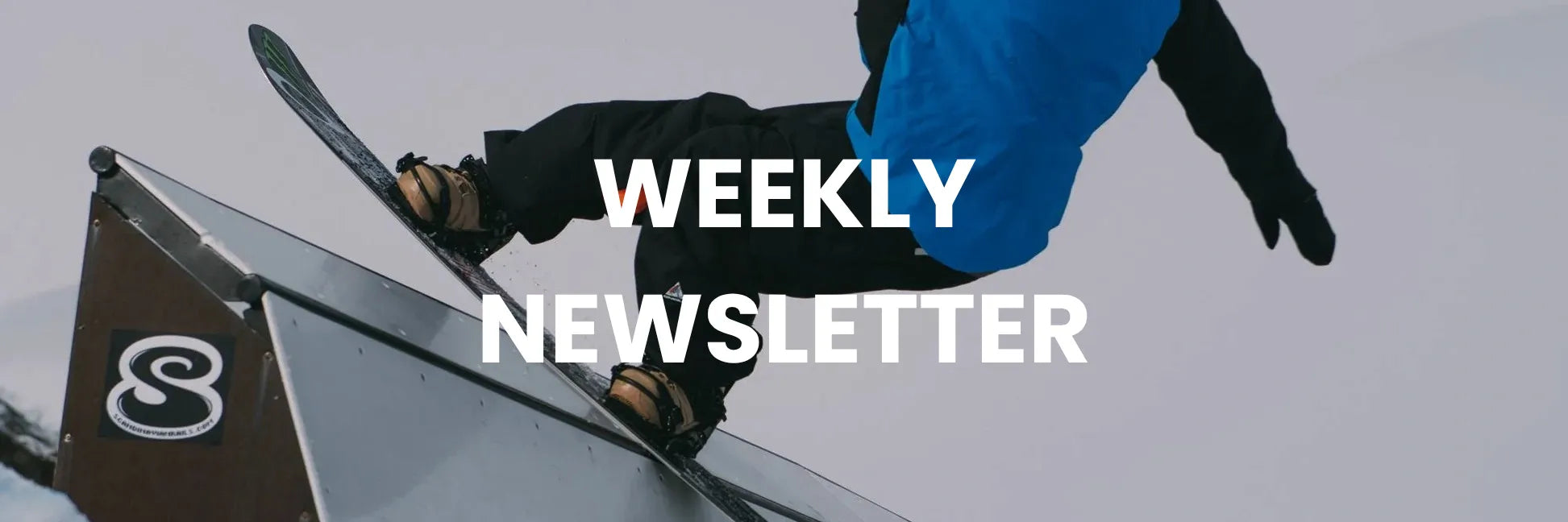 Person snowboarding with 'Weekly Newsletter' text overlay