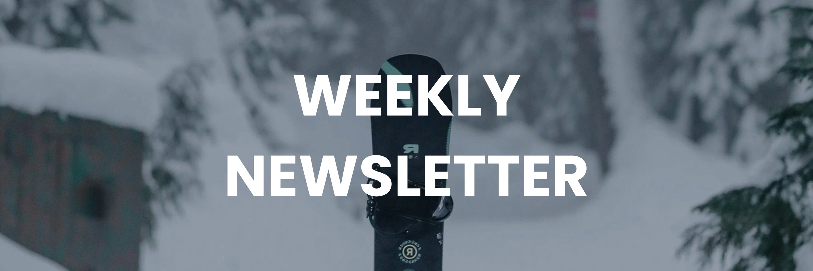 Snowy landscape with a person holding a camera, text overlay 'Weekly Newsletter' on a blurred background