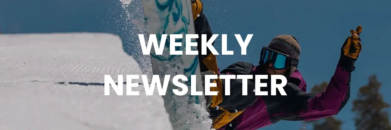 Person snowboarding with text 'WEEKLY NEWSLETTER' overlayed
