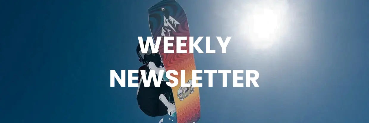 Colorful snowboard with 'Weekly Newsletter' text against a blue sky